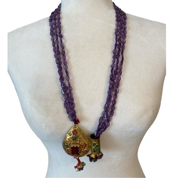 Vintage Turkish Copper Metal Beaded Statement Necklace Rhinestones Purple Long - Picture 2 of 6